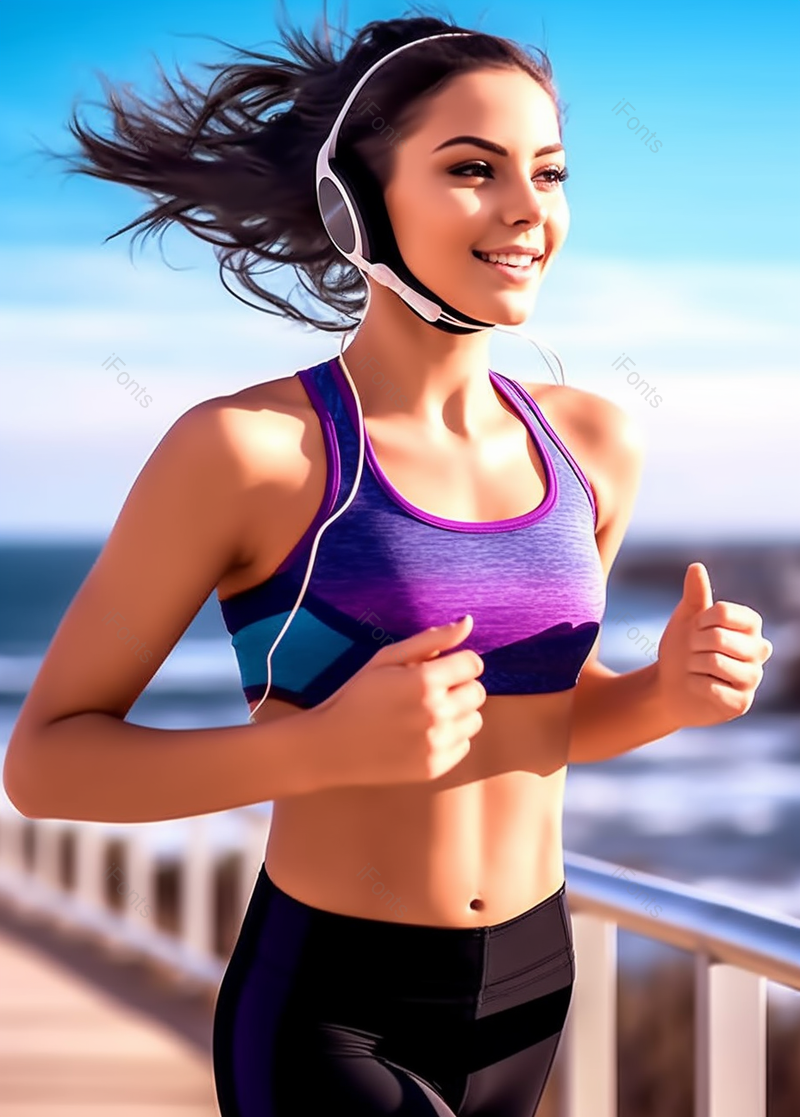 穿着紫色运动服的年轻女人戴着而听着歌面带微笑的在慢跑摄影背景,高清,摄影图,摄影图片,图片大全,摄影图免费下载